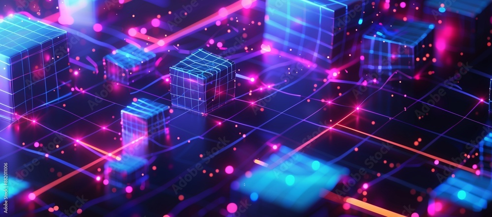 Aufkleber 3d rendering of digital glowing cubes on a grid background with a neon light effect