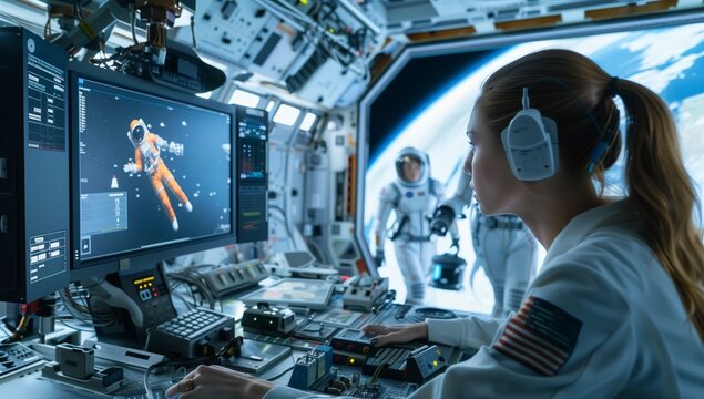 A female astronaut working at the control panel of an international space station, wearing headphones and looking at two monitors