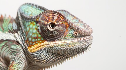 Fototapeta premium Camouflaged Chameleon in Night Safari - Macro Close-up with Soft Lighting on White Background