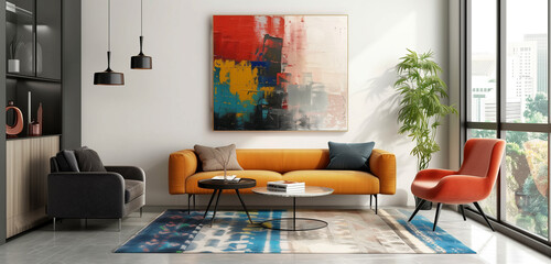 A contemporary living room with sleek furniture, minimalist decor, and a bold abstract painting on the wall, complemented by a stylish rug.