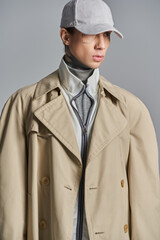 A young, tattooed man exudes mystery and style in a trench coat and hat, set against a grey studio backdrop.