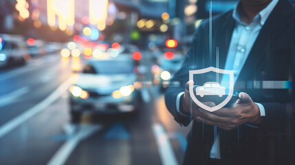 Businessman pressing car with shield flat icon over blur of rush hour with cars and road in city, Business automobile insurance concept