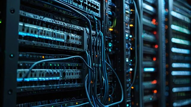 A dark video of a server room with many blinking lights and cables.