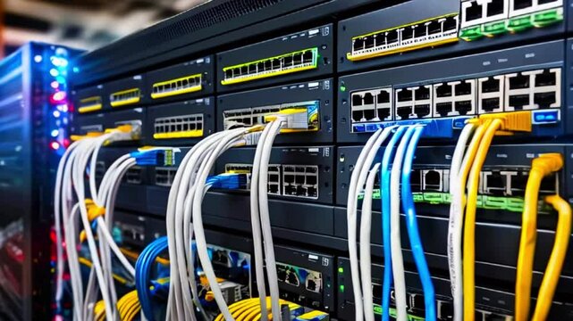 A rack of servers with blinking lights and many cables plugged into them.