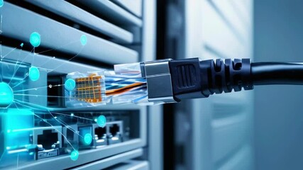 A close up of a network cable being plugged into a server.