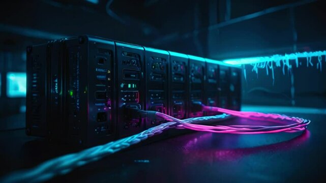 A dark room with multiple computer servers with bright pink and blue fiber optic cables.