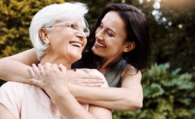 Nature, senior mom and woman with hug for love, vacation and bonding together in garden. Happy...