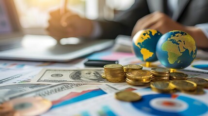 Financial analysts reviewing multinational investment portfolios, strategic global finance management