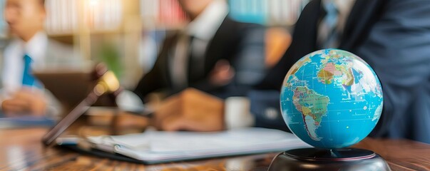 International legal team reviewing compliance regulations, comprehensive global legal management