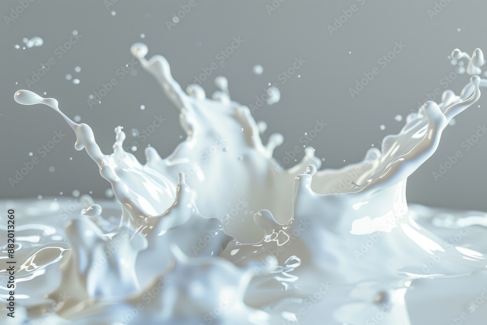 Poster a splash of milk on a white surface, with the liquid spreading out in a circular motion