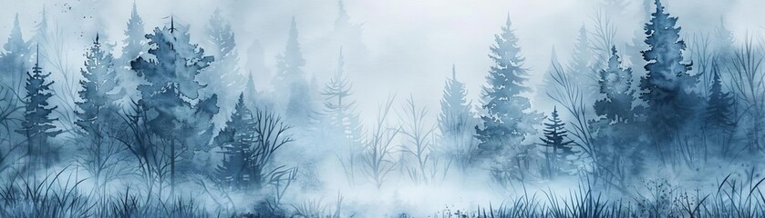 Obraz premium Watercolor foggy forest landscape, wintertime wild nature, serene and mystical atmosphere