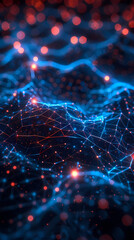 Blue lines and nodes form abstract geometric shapes in this simple network. A dark blue background with hi-tech digital connectivity gives a futuristic feel. Details are sharp and clear.