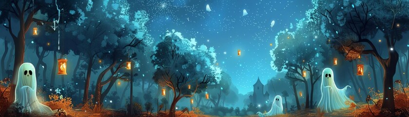 A haunted forest with glowing ghostly figures and floating lanterns, under a starry night sky Fantasy, Illustration, Cool tones, Mystical