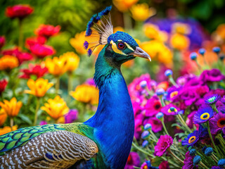 Obraz premium Vibrant closeup portrait of a majestic peacock with stunning iridescent feathers spread wide, surrounded by lush colorful flowers, showcasing its exquisite beauty.