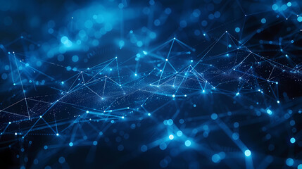 Obraz premium Blue lines and nodes form abstract geometric shapes in this simple network. A dark blue background with hi-tech digital connectivity gives a futuristic feel. Details are sharp and clear.