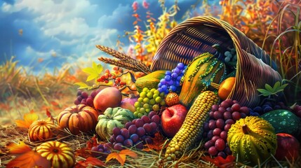 Fototapeta premium Autumn harvest cornucopia bursting with vibrant fruits and vegetables, surrounded by fall foliage under a dramatic sky.