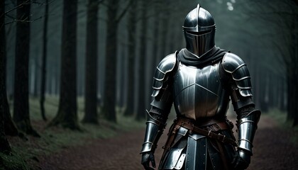 Knight in Full Armor in Misty Forest