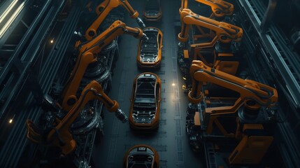 Fototapeta premium Automated robotic arms assembling cars in a high-tech automotive manufacturing facility