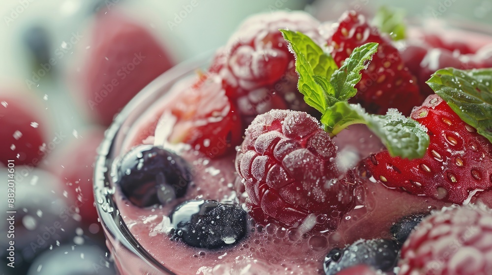 Poster close-up macro shot of refreshing berry smoothie with mint garnish, capturing textures and colors