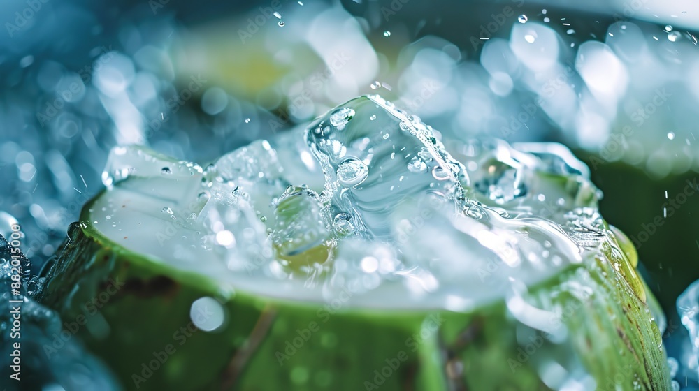 Poster refreshing coconut water with ice, macro shot showing the condensation