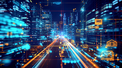Obraz premium Futuristic cityscape with digital overlays and vibrant neon lights.