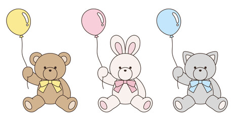 リボンをつけたかわいいくまとうさぎとねこのぬいぐるみのベクターイラストセット。アイコン、風船	