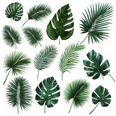 set palm leaves isolated on white background 