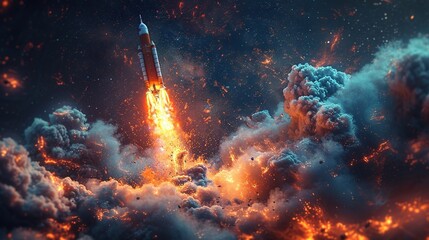 Fototapeta premium Dynamic image of a rocket ascending towards the heavens, representing the quest for space exploration