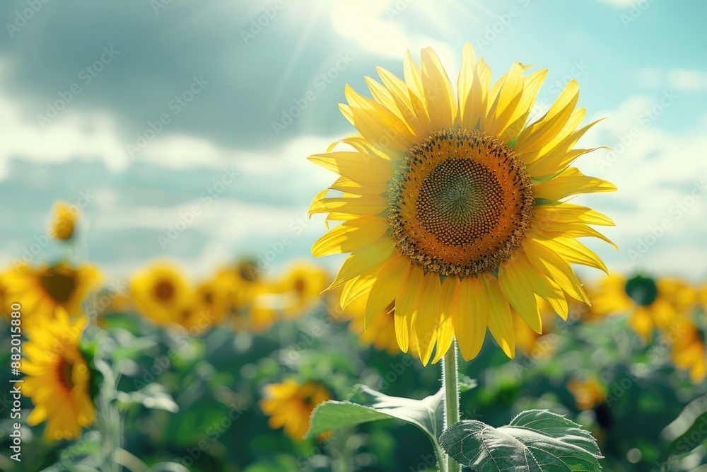 Wall mural A single sunflower stands tall amidst a sea of similar flowers, with bright yellow petals and dark centers