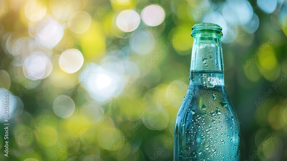 Poster refreshing chilled beverage bottle with texture and reflection in natural setting