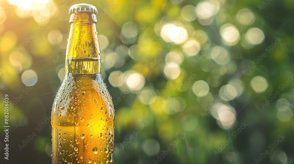 Poster cool refreshment: close-up of chilled beverage bottle with textured reflection in natural setting