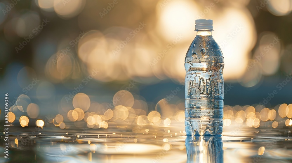 Poster refreshing chilled beverage bottle close-up with textural details and reflection on natural bokeh ba