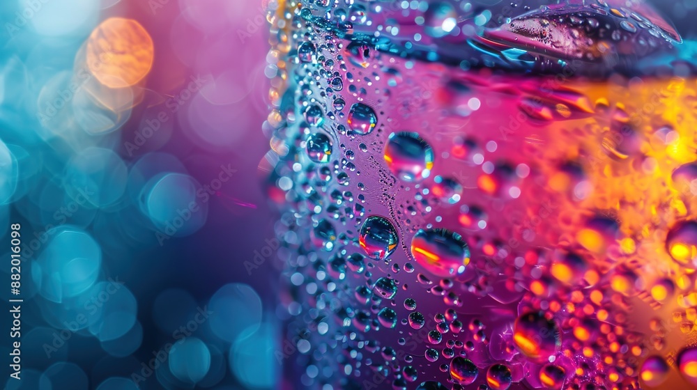 Poster refreshing macro view of cold drink bottle with intricate condensation patterns and vibrant colors u