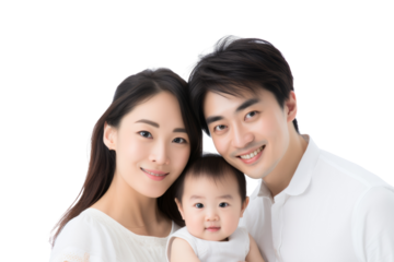 Young Chinese family with two children Isolated on white backgroun