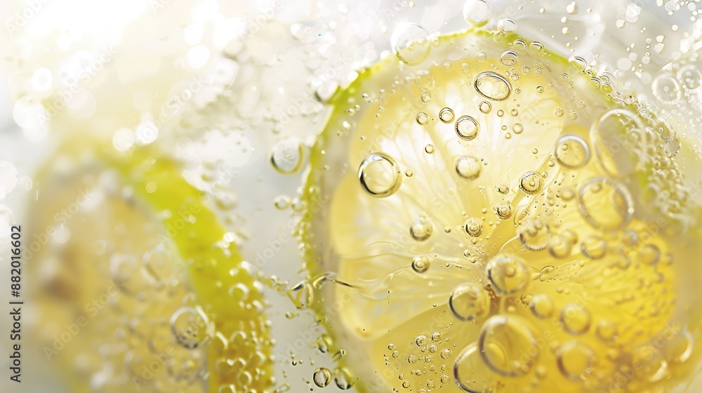 Poster Citrus Refreshment - Close-up of a lemon-lime soda with ice cubes on a white tabletop under soft ambient lighting, creating a fresh and vibrant scene.