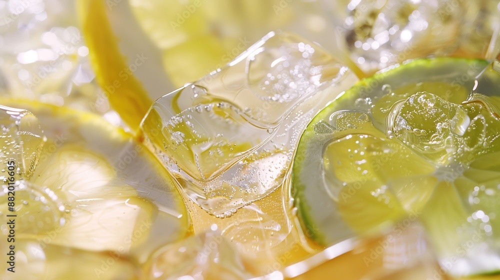 Poster refreshing lemon-lime soda with ice cubes on white tabletop - close-up with soft ambient light refle