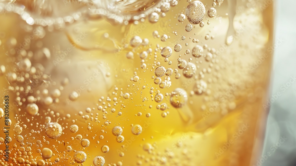 Poster refreshing macro shot of frosty iced peach tea with condensation in bright setting