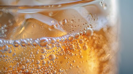 Refreshing Macro Shot of Frosty Iced Peach Tea with Glistening Condensation in Bright Setting