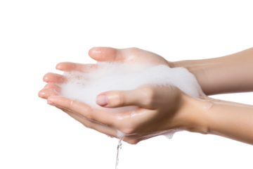 Woman washing her hands with soap captured in a moment of thorough cleansing promoting hygiene Isolated on white background