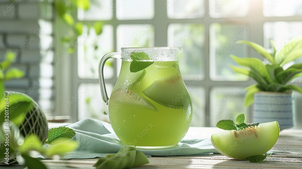 Wall mural sweet honeydew melon agua fresca in elegant pitcher on bright background