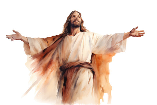 Watercolor painting of Jesus with open arms, inviting and compassionate, rendered in warm, inviting colors with a soft background. Isolated on white background