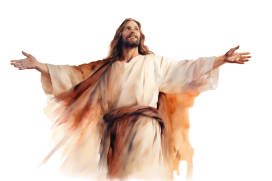 Watercolor painting of Jesus with open arms, inviting and compassionate, rendered in warm, inviting colors with a soft background. Isolated on white background