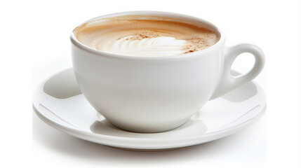 White Ceramic Coffee Cup with Milk Isolated on White Background, Ideal for Morning Refreshment and Café Concepts