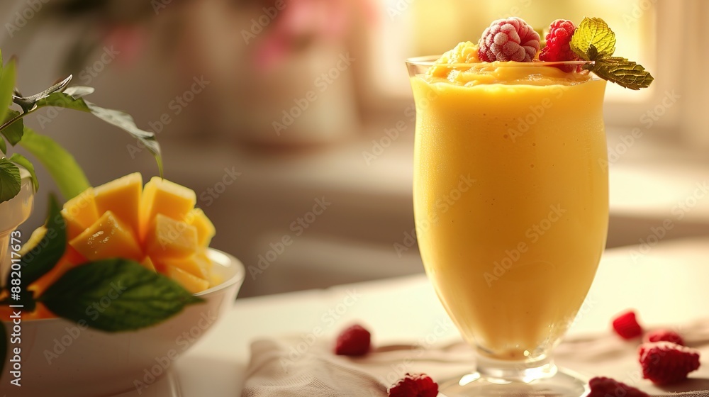 Poster refreshing mango lassi with berries on soft-lit background