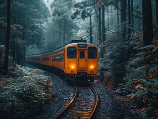 Fototapeta premium Environmentally conscious train journey through lush green forests, showcasing sustainable travel