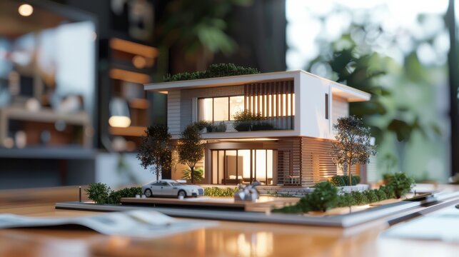 model of a small living house on a table in a real estate agency office
