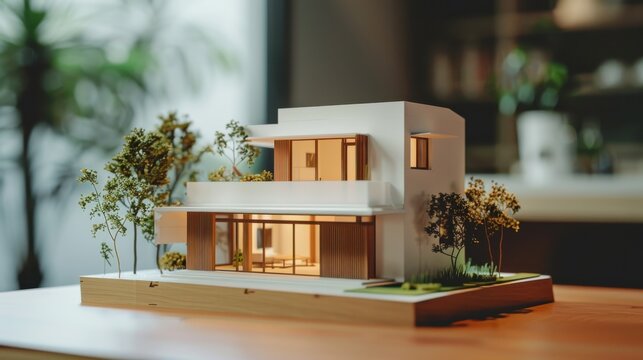 model of a small living house on a table in a real estate agency office