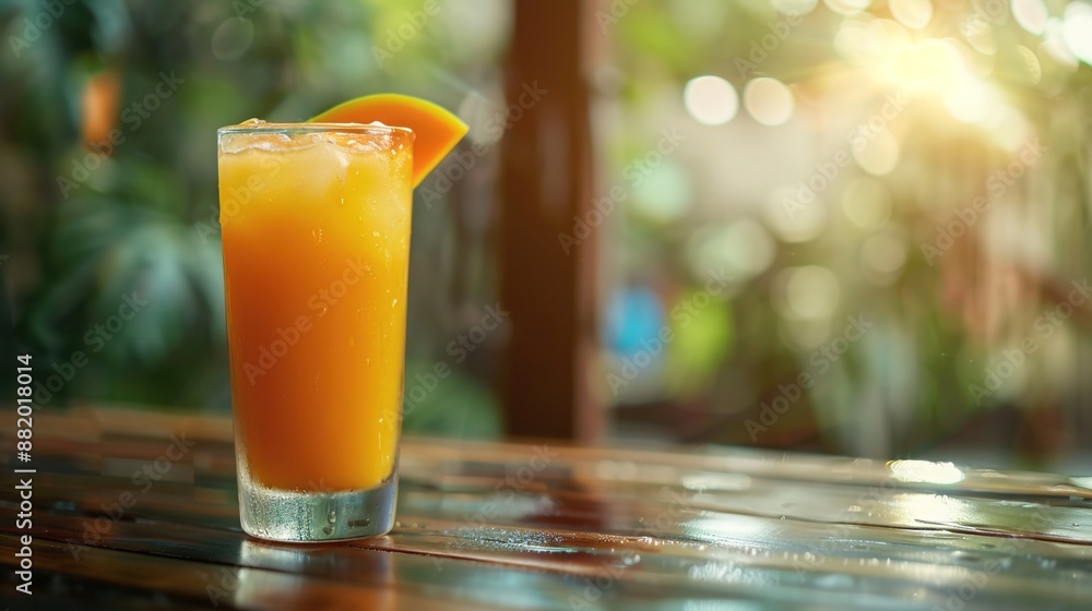 Poster refreshing mango juice in frosted glass with bright and airy background for a relaxing atmosphere