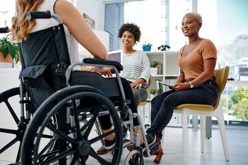 Office, meeting and interview of woman in wheelchair for affirmative action project, recruitment or vacancy. Company, inclusive workplace and person with disability for job, career and opportunity