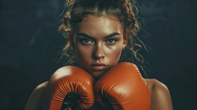 Portrait of a young woman with boxing gloves. Sporty fit femaly self care and defense training